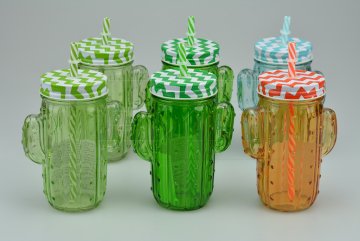 Set šesti kusů různobarevných skleněných lahví ala kaktus s víčkem a brčkem