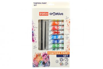 Temperové barvy EASY CREATIVE 12ml - Velký set 2ks štětců + paleta a 12barev