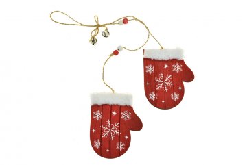 Závěsná vánoční dřevěná dekorace, rukavice s umělým plyšem 2 ks