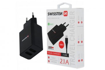 Síťový adaptér smart ic 2x usb 2,1a power + datový kabel usb / type c 1,2 m černý 8595217464414