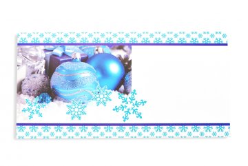 Vánoční obálka 220 x 110 mm - Modrá, kouličky a sníh