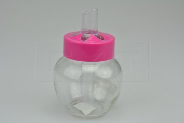 Skleněná cukřenka s  růžovým plastovým víčkem