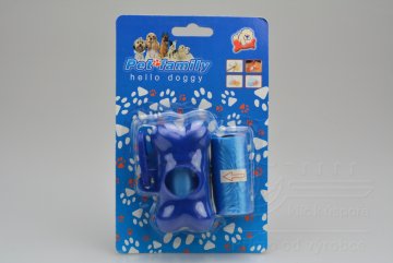 Plastové pouzdro na sáčky na psí hovínka včetně dvou ruliček sáčků - Modrá kost s karabinou