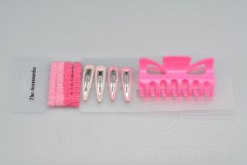 Vlasový set (9ks) sponky, gumičky a skřipec (8,5cm) - Růžový