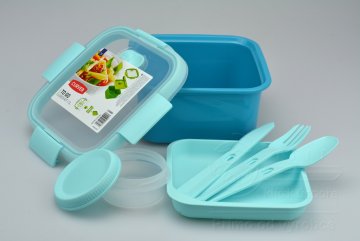 Set krabičky na jídlo s nádobou na omáčku a příborem CURVER 1,1l - Modrý (16x16x9cm) 