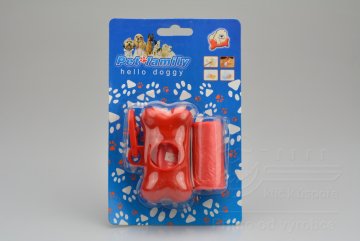 Plastové pouzdro na sáčky na psí hovínka včetně dvou ruliček sáčků - Červená kost s karabinou