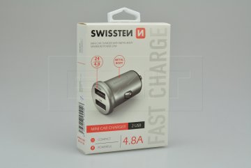 Mini nabíječka mobilů do auta v kovovém provedení SWISSTEN 4.8A - Stříbrná