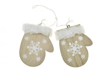Závěsná vánoční dřevěná dekorace, rukavice s umělým plyšem 2 ks, natural