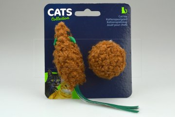 Chrastící hračky pro kočky, set koule a myš CATS (4a8cm) - Hnědé